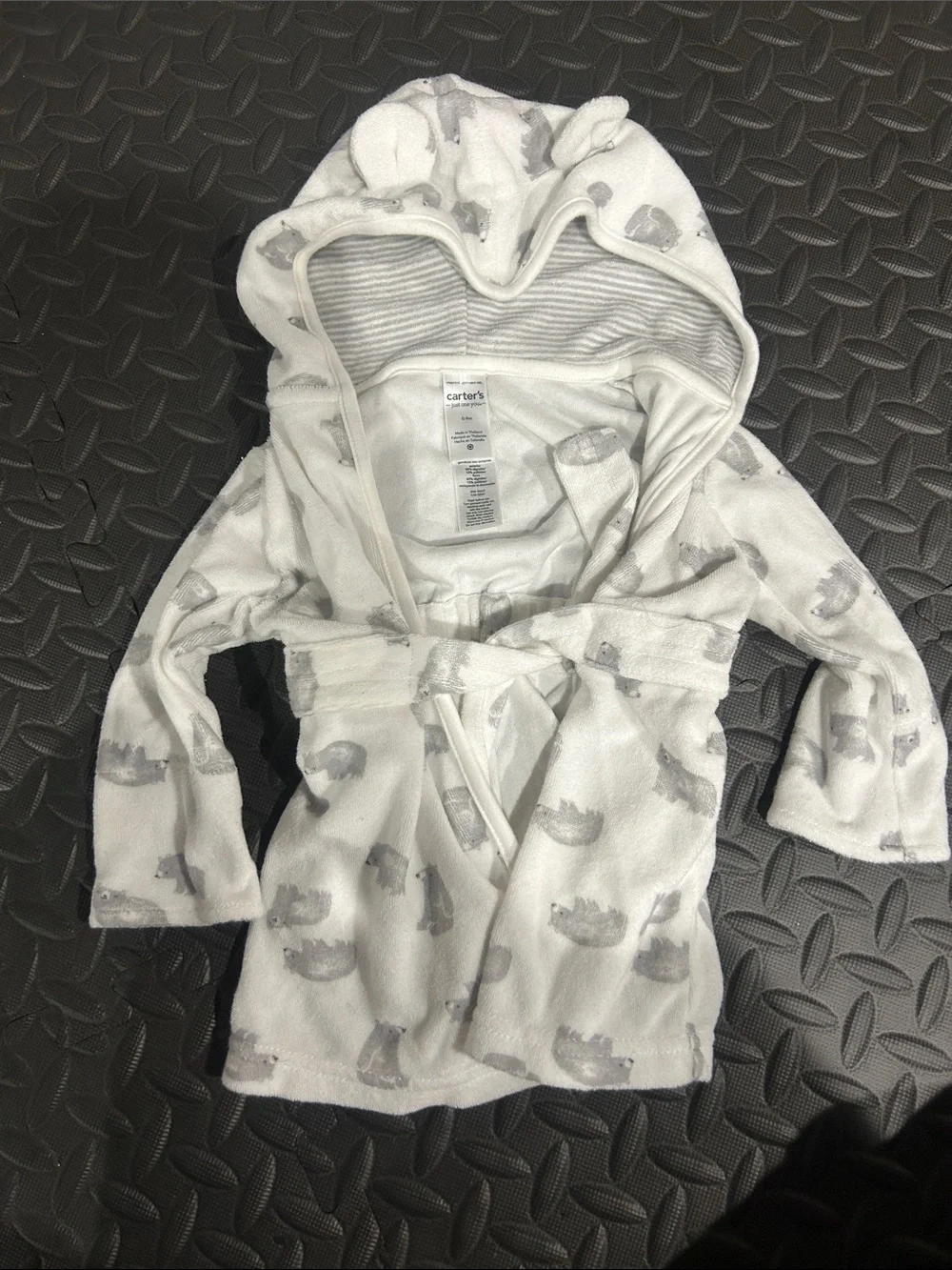 Carter's White Hooded Baby Bath Robe with Gray Animal Prints